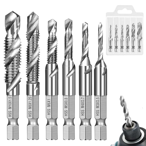 6 Stück Kombi-Bit Bohrer und Gewindeschneider Set, M3 M4 M5 M6 M8 M10 Gewindebohrer mit Sechskantschaft, Kombigewindebohrer mit Rostschutzbeschichtung, für Metall, Holz, Kunststoff