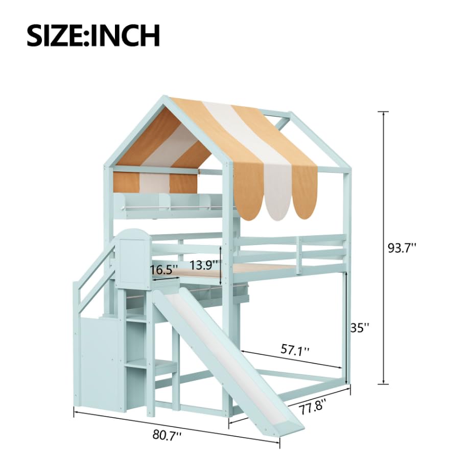 Image of Bellemave Bunk beds Full Over Full with Slide and Stair and Bookshelf House roof Design, Low bunk /loft Bed for Kids,Light Green