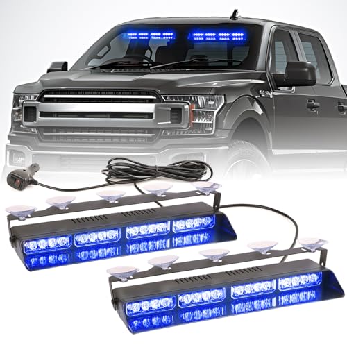 PKINGLAKE 2 in 1 LED Emergency Dash Strobe Light Bar Front/Rear Windshield Safety Flashing Warning Hazard Interior Lights for Police Firefighter Construction Vehicles Trucks (2x14 inch Blue/Blue)