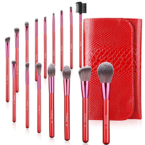 AMMIY Brochas de Maquillaje 16 Piezas con Bolsa Rodillo PU, Brochas Maquillaje Cerdas de Fibra Sintética Suaves y sin Crueldad para (Rojo)