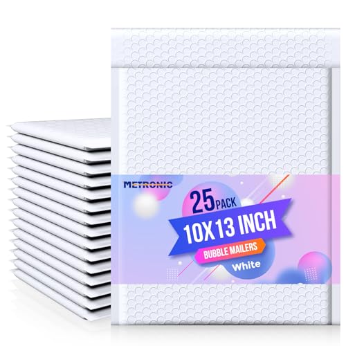 METRONIC Bubble Mailers 10x13" Padded Envelopes White 25 Pack Waterproof