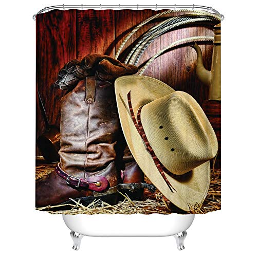 Fangkun Vintage Shower Curtain Art Bathroom Decor - West Rodeo Cowboy Boots And Hat Design Polyester Fabric Bath Curtains Set - 12Pcs Shower Hooks - 72 X 72 Inches #TOP13