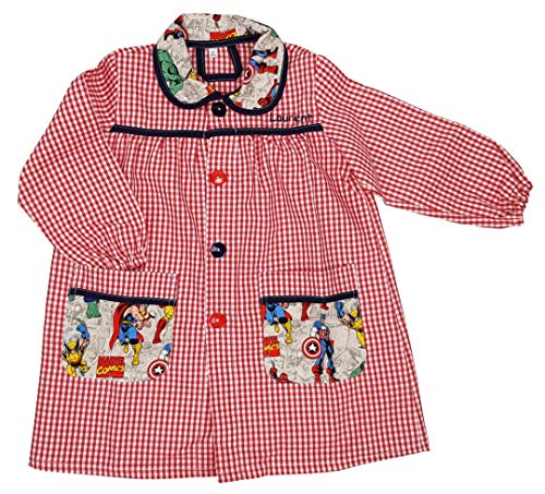 Mandilón, babi o Bata Escolar para Colegio o Guardería Bordado con el Nombre del Niño/Niña. Modelo Marvel Tallas Disponibles. (Rojo/Marino, 3-4 Años)
