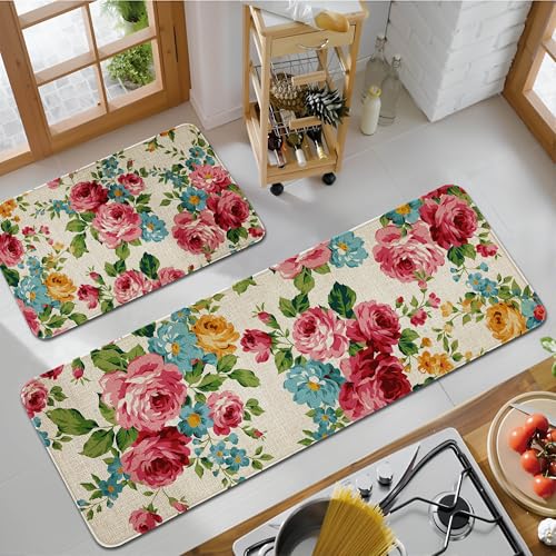 safarsa Kitchen Mats for Floor Set of 2 Pieces Kitchen Rugs and Mats Non Skid Washable Kitchen Floor Mat (Pink Red Roses Floral), 17''x47''+17''x30''