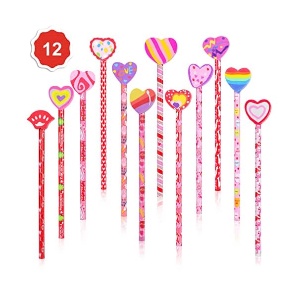 Konsait 1 Dozen (12) Valentine Pencils Assortment with Giant Eraser Topper Decorated with Love Hearts,Lips for Valentine's Day School Party Favor Supplies Accessories Goodie Bag Filler Teacher Gift