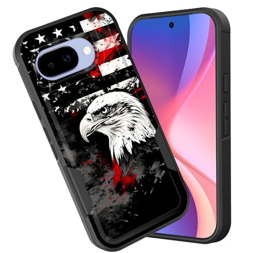 CICPLKSE for Pixel 9a Case,Dual Layer Heavy Duty Hybrid Shockproof Hard PC Soft Silicone TPU Bumper Protective Cover Case for Google Pixel 9a 6.3 inch 2025,Bald Eagle American Flag