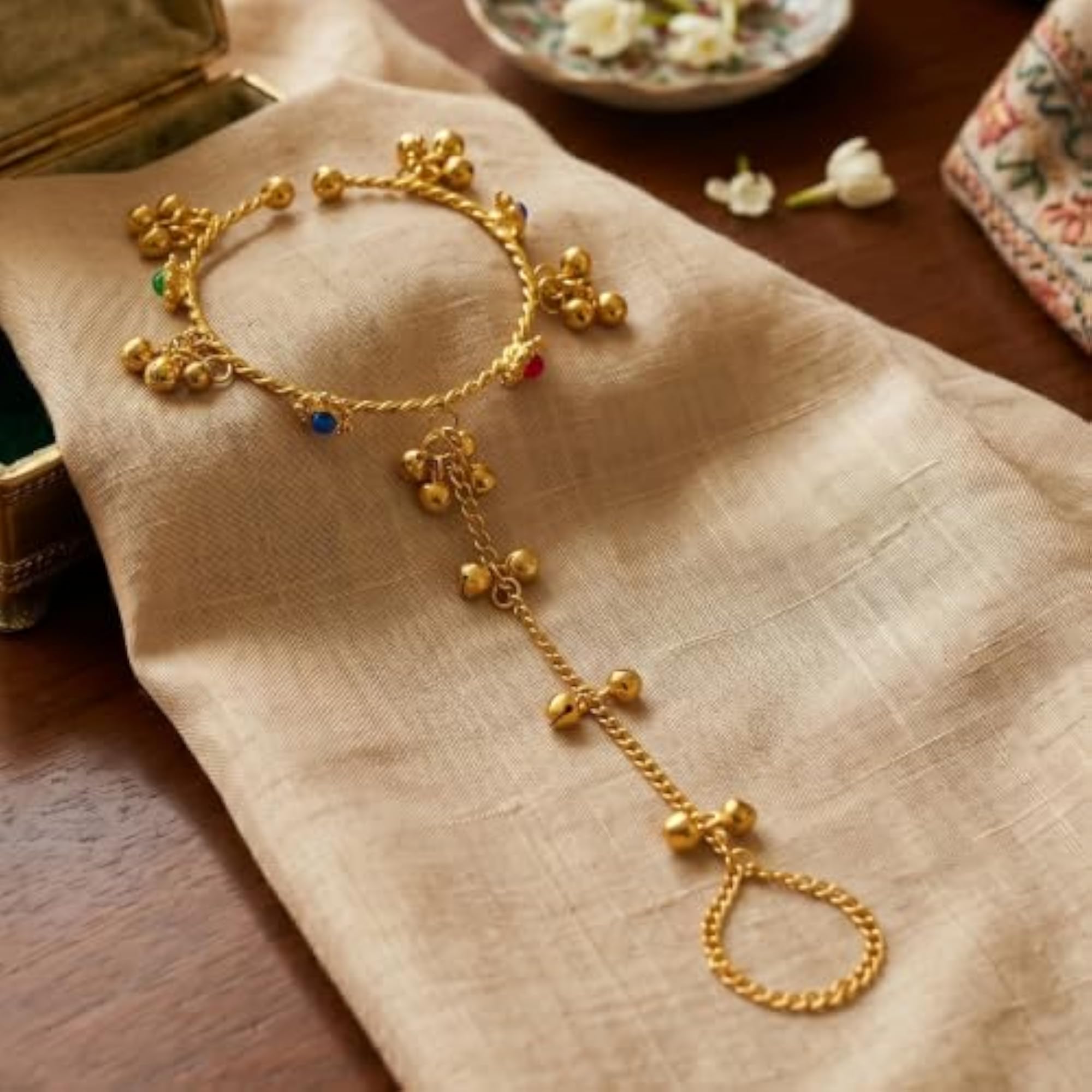 Handcrafted Kashmeri Ghungroo Bracelet with Multicolor Crystal Adjustable Hand Harness