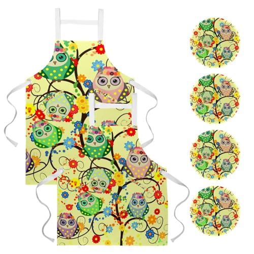 Lot de 2 tabliers de cuisine à motif hiboux avec 4 broches pour le service