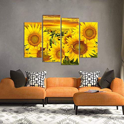 Ihappywall 4 Panel Sunflower Canvas Print Wall Art Sunrise Flowers In Field Autumn Landscape Picture Painting On Canvas Stretched And Framed For Living Room Bedroom Decoration Ready To Hang #TOP1