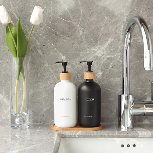 Image of Black Soap Dispenser Bathroom Set, Bamboo Pumps & Tray, Hand Soap, and Lotion Dispenser Set Suitable for Bathroom Counter Decor. (Black)