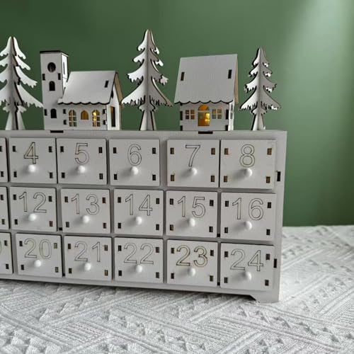 Calendrier de l'Avent en bois éclairé avec 24 tiroirs pour décoration de Noël
