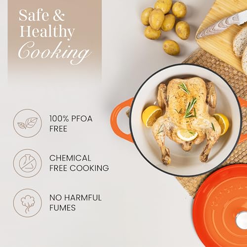Image of Cast Iron Dutch Oven with Lid-Non-Stick Ovenproof Enamelled Casserole Pot- Sturdy Dutch Oven Cookware - Orange, 7.3- Quart, 30cm- by Nuovva