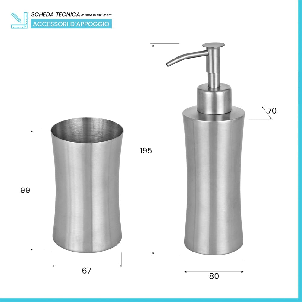 Set Accessori Bagno 2 Pezzi In Acciaio Inox Satinato – Dispenser Sapone Liquido 280 Ml E Bicchiere Porta Spazzolino – Linea Lunar