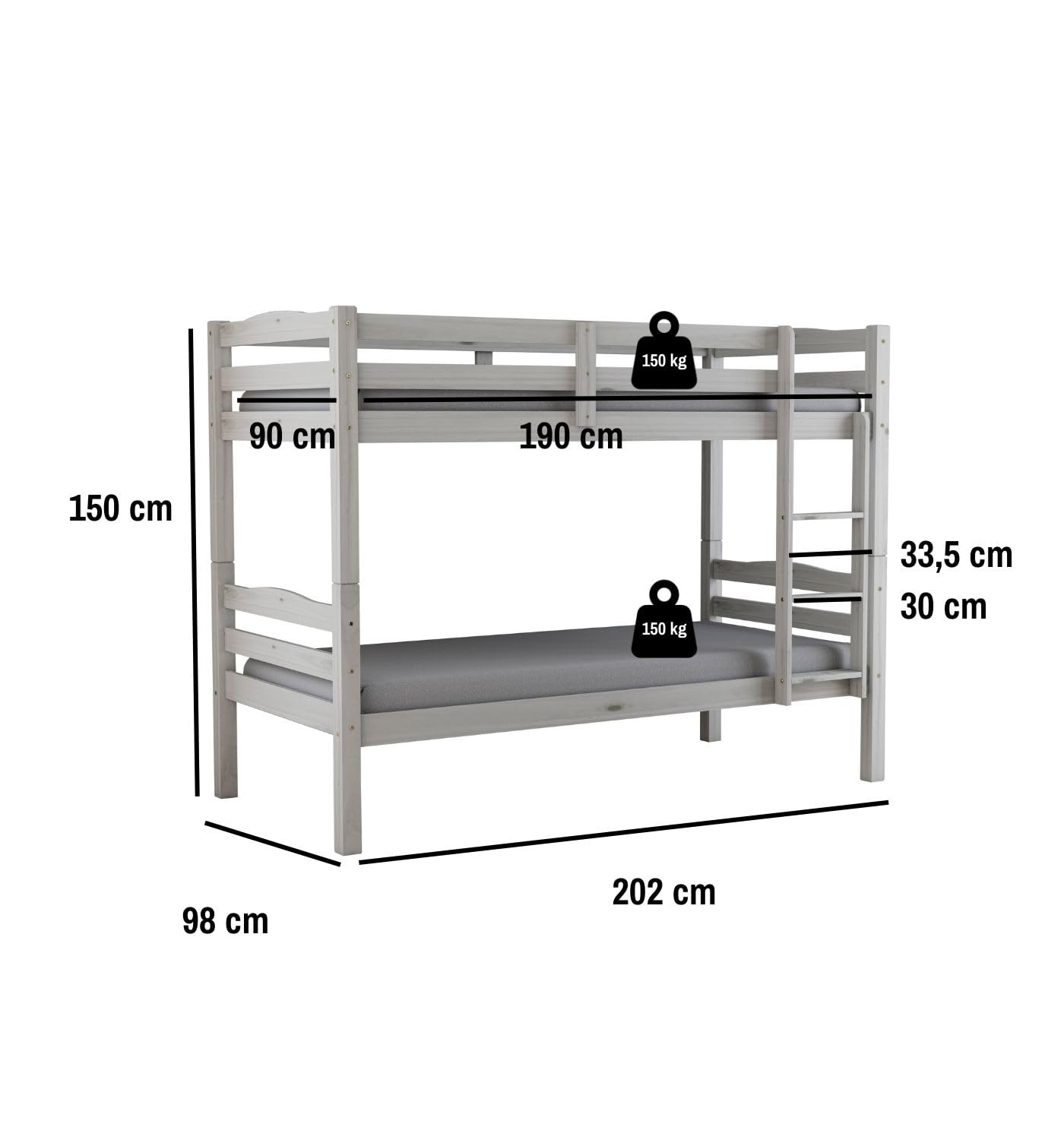 Arredo Stock Letto a castello in legno di pino massello utilizzabile come due letti singoli, 90x190x150 cm (Bianco)