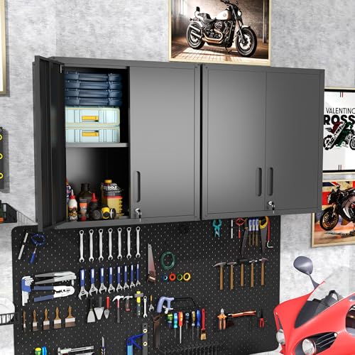 BIZOEIRON Werkzeugschrank Hängend, Metall Wandschrank mit 2 Türen, Hängeschrank für Garage, Werkstattschrank Wand, Montage Erforderlich, Schwarz & Grau