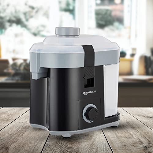 Image of amazon basics 450 W CENTRIFUGAL JUICER WITH PUSHER | REMOVABLE PULP CONTAINER | SS MESH FILTER & 3 SPEED SETTINGS I FOR JUICING FRUITS | VEGITABLES & MORE | ISI-MARKED | BLACK 450 Watts