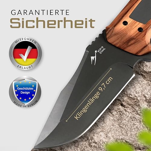 BERGKVIST® Bushcraft Messer ONE mit feststehender Full Tang Klinge (9,7 cm) - Mitführen in Deutschland erlaubt - Survival Messer für Outdoor mit Echtholz-Griff, Holster, Feuerstahl & mehr – Bild 4