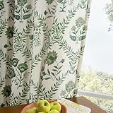 Green Floral Linen Curtains for Living Dining Room 96 Inch Length 2 Panels Olive Plant Flower Patterned Printed Curtains Back Tab Semi Sheer Farmhouse Rustic French Country Drape for Bedroom 8FT