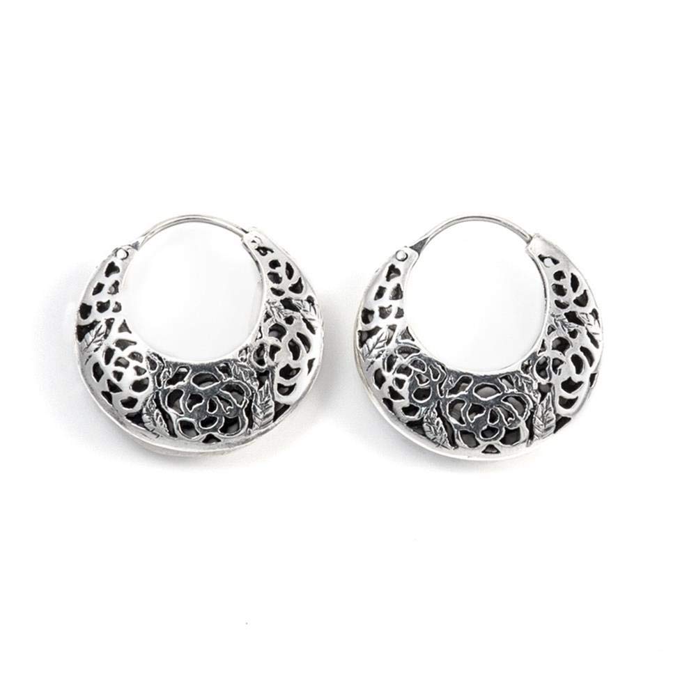 Silverly Aros de Media Luna de Plata 925 con Diseño de Rosa | Pendientes de Aro Cónicos de Plata de Ley de Estilo Vintage | Diseño Calado Estilo Filigrana Floral | Joyas Góticas Románticas