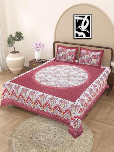 Image of Indian Hand Block Printed 200 TC Cotton Double Bedsheet with 2 Pillow Covers 90 By 100 Inches