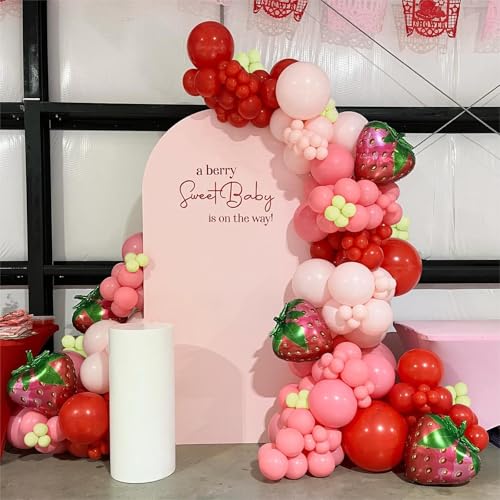 Image of JOGAMS 178Pcs Strawberry Balloon Arch Garland Kit with Pastel Orange Strawberry Foil Red Polka Dot Balloons for Berry First Sweet One Strawberry Theme Birthday Baby Shower Party Decorations for Girls