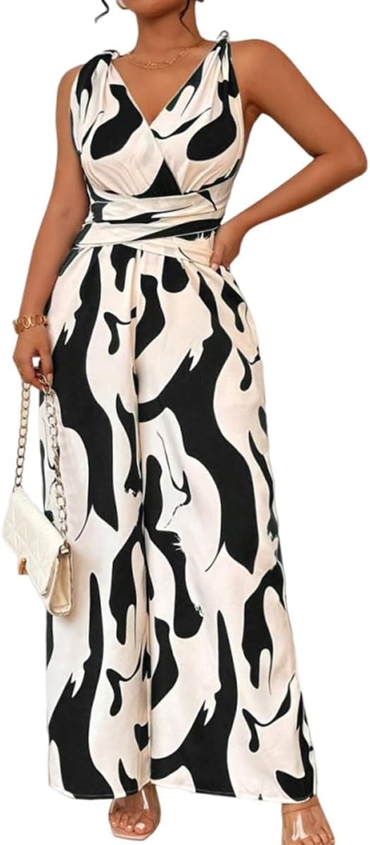 Scacto Women's Casual Jumpsuit Abstract Print Wide Leg Jumpsuits Sleeveless Beach Rompers Long Pants