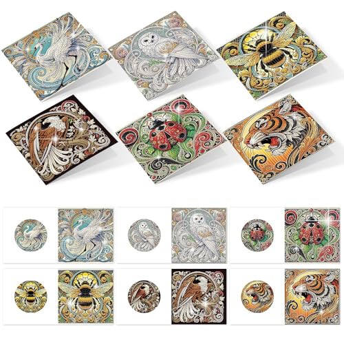 Image of 6 Pack Animal Diamond Art Greeting Cards with Envelopes, DIY 5D Diamond Painting Card Kit Featuring Phoenix Owl Bee Eagle Ladybug and Tiger, Handmade Rhinestone Craft Cards for Birthday and Holiday
