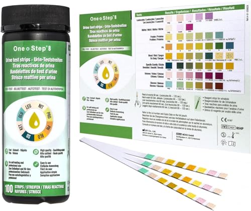 100 x One+Step Urin Teststreifen für 8 Parameter I Mit Farbkarte für genaues hygienisches Ablesen I Glukose, Keton, spez. Dichte, Blut, pH, Protein, Nitrit, Leukozyten