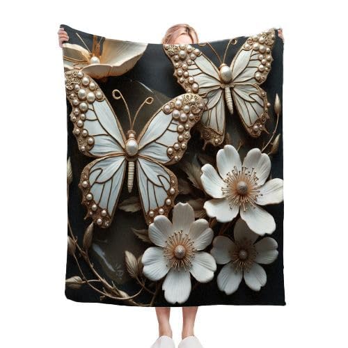 Podwójny koc polarowy w kratę, biały motyl, bardzo duży koc premium 240 x 260 cm | Wielofunkcyjny jako narzuta lub wzór w kratę, wyszukane i stylizowane wnętrze