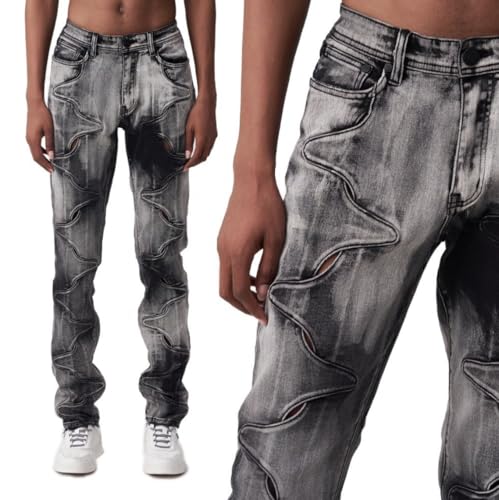 Men's Loose Straight-Waist Denim Jeans with Vintage Distressed Hems