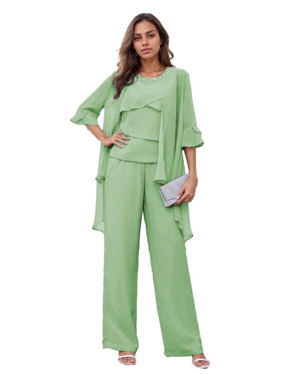 Leader Of The Beauty Women's Sage Mother Of The Bride Pant Suits 3 Pieces Chiffon Outfit Sets Wedding Formal Outfit Set Evening Gown 18