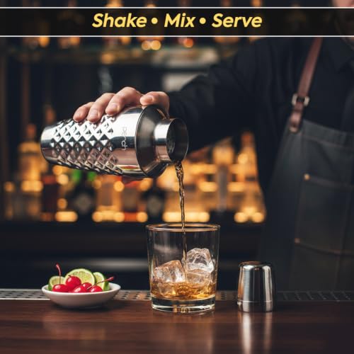 Image of O' Holic by Perch Cocktail Shaker Gift Set|10-Piece Stainless Steel Bartender Kit with Mango Wooden Stand|Accessories for Home Bar|Gift Box for Winters, Birthday, Wedding,Anniversary,Christmas |Silver
