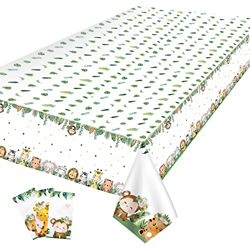 Nappe de table jungle, 3 pièces, nappe jungle, animaux d'anniversaire, nappe en plastique, imperméable, jungle, rectangulaire, pour enfants, garçons, anniversaire, fête prénatale, décoration de fête Cover
