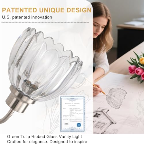 Image of Bathroom Light Fixtures (3-Light, 20 Inch), Brushed Nickel Vanity Lights for Bathroom with Ribbed Clear Tulip Glass Shade, Vintage Vanity Wall Lights for Mirror Bedroom Living Room Hallway