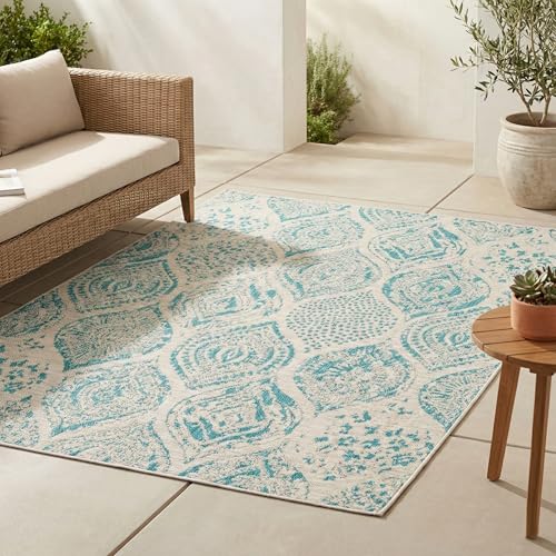 FH Home Flat Woven Outdoor Rug - Waterproof, Easy to Clean, Stain Resistant - Premium Polypropylene Yarn - Distressed Farmhouse - Patio, Deck, Porch, Balcony - Granada - Aqua - 3ft 11in x 5ft 6in