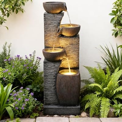 Pivotify 38.2" Tall Water Fountain Outdoor Garden,4 Tiers Modern Cascading Bowls and Stacked Stones Indoor Fountains with LED Lights for Garden, Patio, Deck, Porch, Backyard and Home Art Decor(Grey)