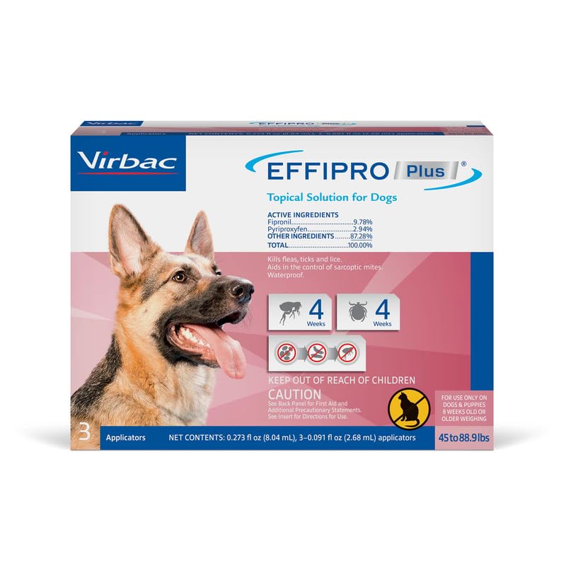 Effipro Plus Topical Solution for Dogs – Dog Flea and Tick Treatment for Large Dogs (45-88.9lbs), 3 Doses, Waterproof Topical Prevention (by Virbac) Effipro Plus Topical Solution for Dogs – Dog Flea and Tick Treatment for Large Dogs (45-88.9lbs), 3 Doses, Waterproof Topical Prevention (by Virbac)