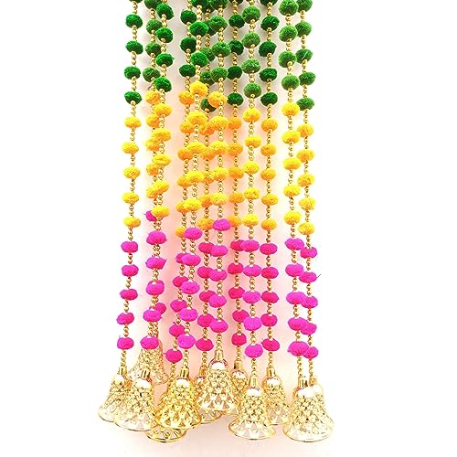 Image of DSCYENTES Pom Pom Door Side Hangings for Decoration, Ganesh Chaturti Decoration, Wall Hanging for Main Entrance,Temple Pooja Room, Stylish & Handmade Diwali Hanging (3 Feet, 12 Pc's)