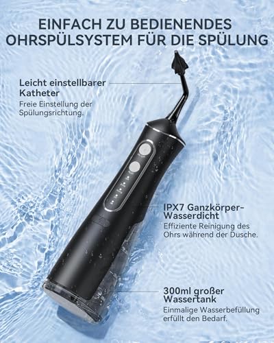 Ohrenschmalz Entferner Ohrenreiniger, Elektrischer Ohrreiniger für Erwachsene Kinder, IPX7 Wasserdicht Ear Cleaner mit 4 Modi & DIY Wasserdruck Ohrenspülung - Ohrendusche Set mit 4 Ohr Tipps (Schwarz)