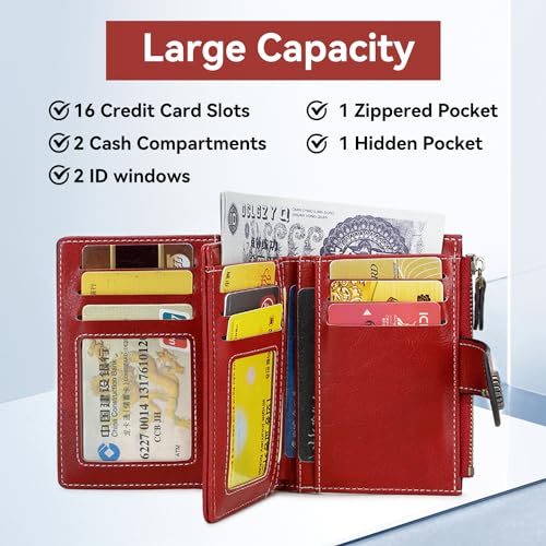 Womens Wallet Small Bifold Leather Pocket Wallet Large Capacity Rfid Blocking Card Holder Zipper Coin Purse with 16 Card Slots & 2 ID Window-Red3