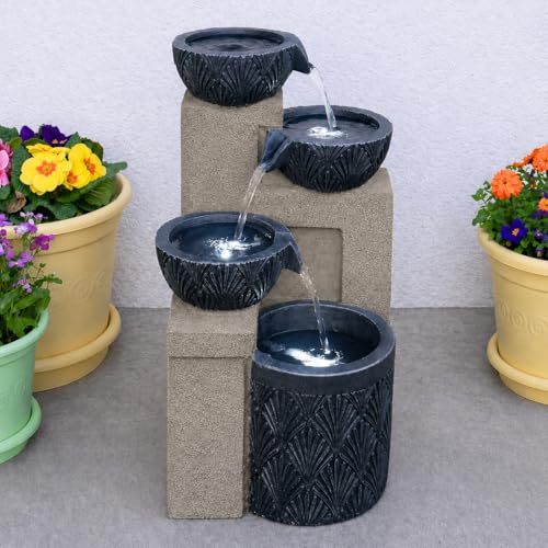 Festive Lights - Fontaine de jardin hybride avec éclairage LED gris effet pierre 42 cm – Solaire, USB et alimentation enfichable, fontaine de jardin...