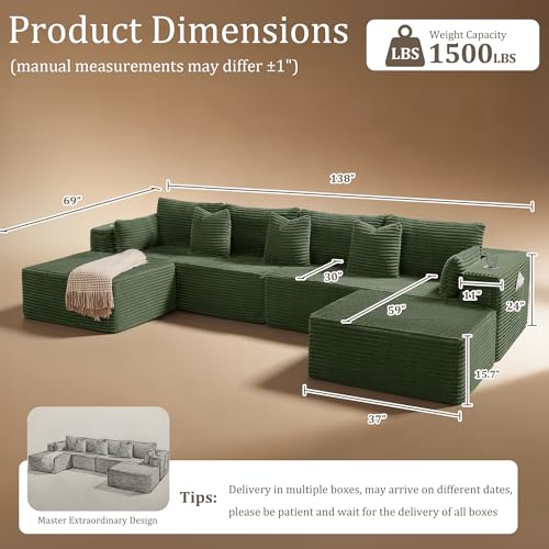 Image of 138 inch Cloud Sectional Couch, Comfort U Shaped Sofa for Living Room, Extra Deep Seats No Assembly, Minimalist Modular Couch, Corduroy (Olive Green, 6 Seats,U-Shape A)