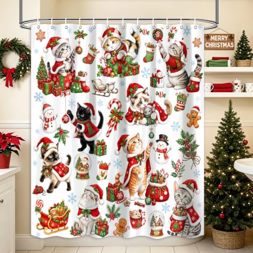 Christmas Cute Cat Gift Shower Curtain Waterproof Polyester 72X72IN