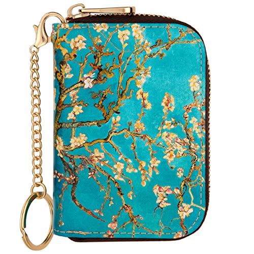 Womens Credit Card Holder Wallet Zipper Leather Card Case RFID Blocking Keychain (Almond Blossoms)