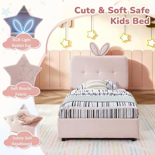 Image of Twin Led Bed Frame with 4 Storage Drawer, Upholstered Platform Floor Bed with Rabbit Ear Headboard Daybed Strong Wooden Slats No Box Spring Needed for Kids Girls Boys, Pink