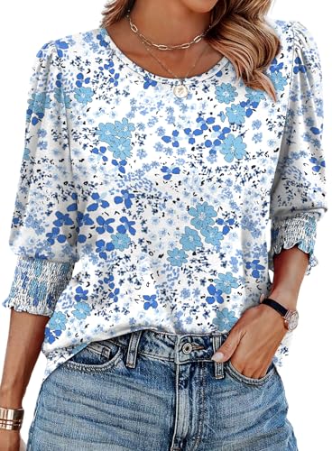 Image of XIEERDUO Blouses for Women Dressy Casual 3 /4 Length Sleeve Womens Tops with Smocked Cuffs