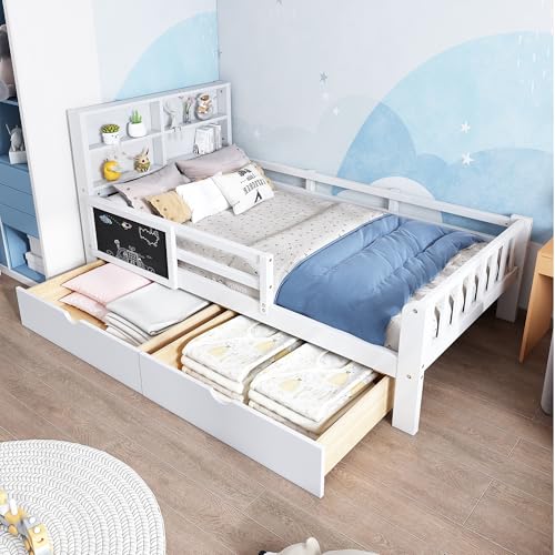 Kinderbett 90x200cm, Einzelbett mit 2 Schubladen und Tafel, Kopfteil mit Bücherregal, Kinder Bett mit Rausfallschutz und Lattenrost, Holzbett Funktionsbett Jugendbett Bettgestell, Ohne Matratze, Weiß