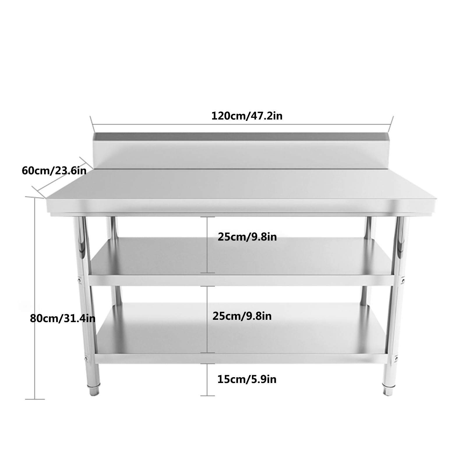 Mesa de trabajo de acero inoxidable, mesa de cocina comercial resistente con 3 estantes, perfecta para cocinas, garajes y trabajos de preparación, mesa de metal de 120 x 60 cm