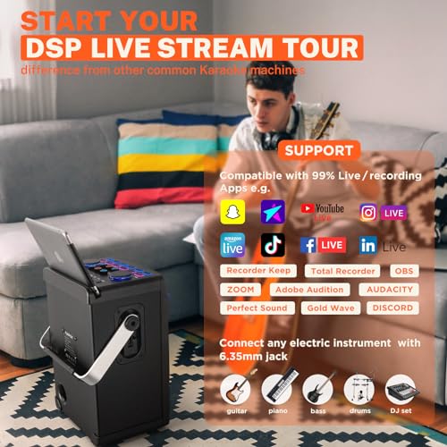 FPSK-1 DSP Máquina de Karaokê Bluetooth com Microfones Sem Fio, Sistema de PA Portátil com Suporte p