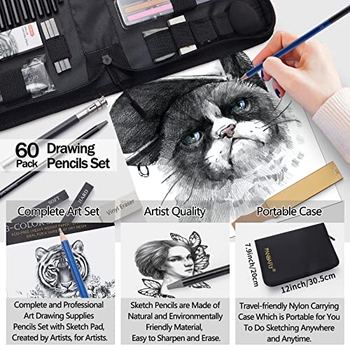 Pandafly 60 Pack Drawing Set Sketch Kit, Sketching Supplies With 2 X 50 Page 3-Color Sketchbook, Graphite, Charcoal, Pastel Pencils, Pro Art Drawing Kit For Adults Teens Beginners Kid #TOP6